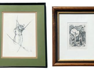 A Japanese Woodblock Print & Mid Century Pencil Sketch of a Mouse