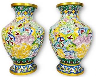 Pair Chinese Brass & Enamel Vases