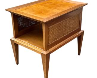 Mid Century Cherry Walnut & Rattan End Table