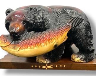 Carved Wooden Bear Catching Fish Statue