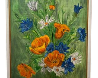 Signed Dated Mid Century Oil Painting Floral Still Life