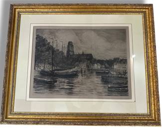 Framed Lithograph Circa 1900 Dutch Harbor Scene