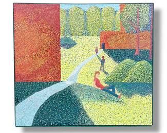 Mid Century Pointillism On Canvas Painting, Mirroring the Style of GEORGES SEURAT
