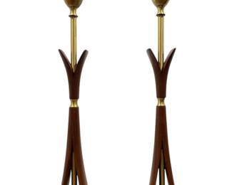 Mid Century Teak and Brass Table Lamps, Pair