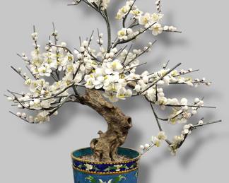 Chinese Hardstone Cherry Blossom Tree in Cloisonne Vase, Large