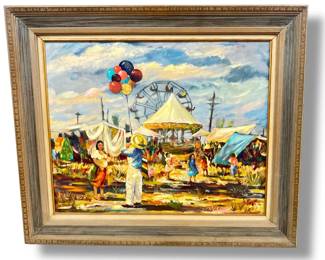 Mid Century Oil On Canvas Spanish Carnival Scene