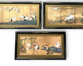 Three Japanese Crane Prints in Frame After SUZUKI KIITSU