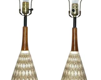 Pair Mid Century Ceramic & Teak Lamps
