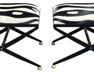 Faux Zebra Skin & Wrought Iron Campaign X Benches, Pair