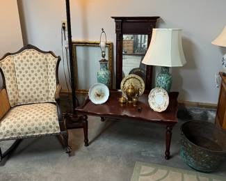 Rocking chair
Coffee table
Pair of lamps
Brass tea set, tray
Wood mirror