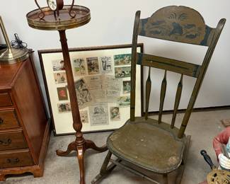 Towle painted rocking chair
Tall stand
Table clock
Collage of early postcards
