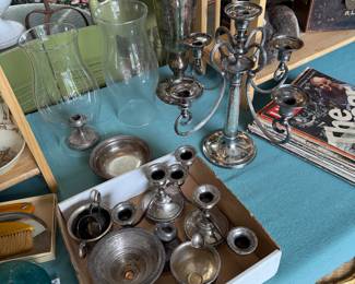 Box of Sterling scrap
Sterling bowl
Sterling candlestick
Silverplate candlestick
Silverplate vase
Glass Hurricanes