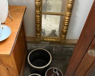 Gold mirror
Stoneware crocks & jug
