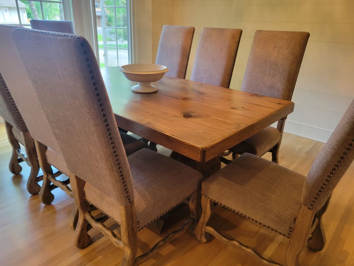 Custom Made Double Pedestal Dining Table with 8 French Style High Back Dining Chairs.