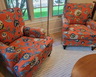 A Pair of Down Filled Floral Lounge Chairs by Sam Moore.