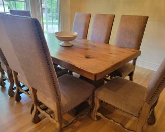 Custom Made Double Pedestal Dining Table with 8 French Style High Back Dining Chairs.