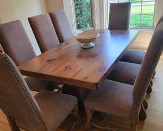 Custom Made Double Pedestal Dining Table with 8 French Style High Back Dining Chairs.