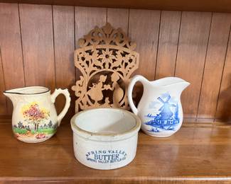 Vintage Japanese pitcher, Vtg butter crock, Vtg McCoy Blue