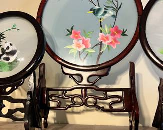 Vtg Chinese wooden & silk table screen