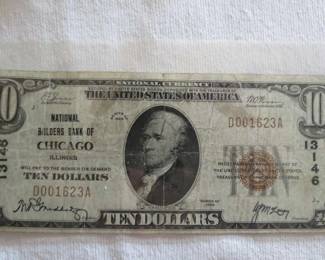 1929 $10 National Bank Note – Builders Bank of Chicago, Illinois