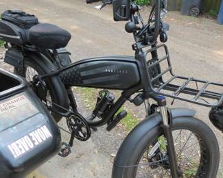 black electric "mud bike" with a sidecar, equipped with storage bags and a basket