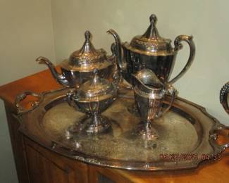 Ornate silver plate coffee and tea service with tray