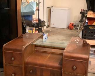 Waterfall Bedroom Suit, Vanity w/Mirror, Nightstand, Wardrobe with Drawers, & Full Size Bed Frame