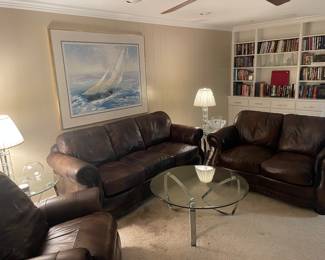 Brown Leather Sofa, love seat and recliner, glass mid century modern glass top tables and coffee tables