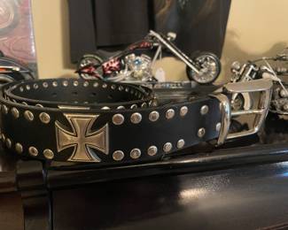 Vintage Harley Davidson, leather belt with metal crosses