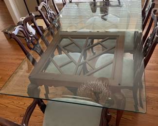 Gorgeous, formal dining room table with glass top six chairs