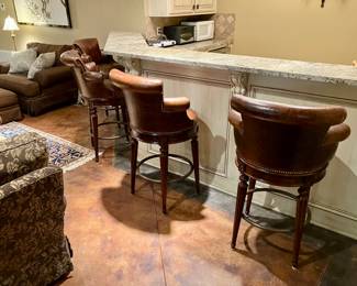 Set of 4 Maitland Smith embossed leather swivel bar stools