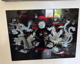 Mother of Pearl and Black Lacquer Asian Art Piece