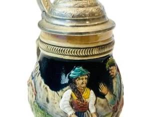German Salt Glaze Beer Stein With Pewter Hinged Lid - Signed "Jagers Abschied"