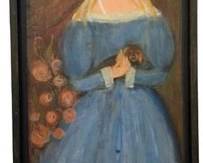 Standing Girl In Blue Dress With Puppy - Painted on Wood - Signed On Back- By Hand, The Roberts Family, Avon, CT