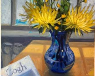 Yellow Mums In Blue Vase Painting - Hand Painted Oil on Canvas