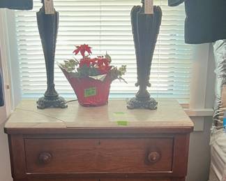 Victorian bedside table with marble top and pair of art deco table lamps