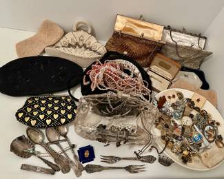 Vintage collection of purses/clutches, sterling silver forks, some gold and gold filled jewelry