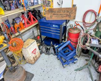 Car jacks, rolling tool box, misc tools, Dewalt, Snap On, much more