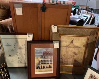 Cabinet with 2 shelves ($10); Framed artwork - Chesapeake Bay ($10), Nuns in Cape May convent ($5); Gold Birdcage ($5).