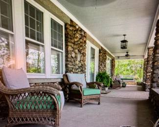 3 wicker porch chairs with cushions (one of the chairs that is hard to see in the photo is a rocking chair). Asking $200. Note that these chairs were always on a covered porch so they were never exposed to the weather.