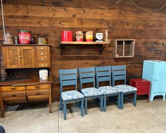 Bakers cupboard chairs smoking stand and metal ice box