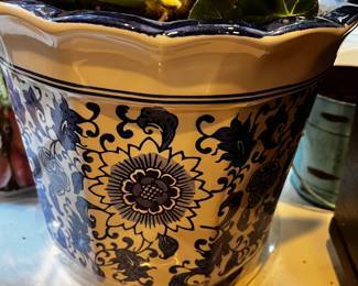 blue and white plant pot