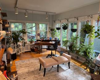Peter Lovig Desk, Plants, gray and white rug Hooks NOT FOR SALE