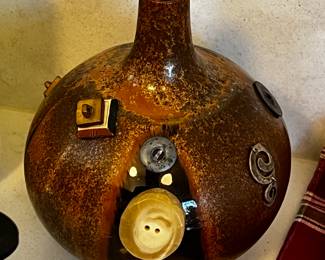 Handmade Pottery Stoneware with attached objects by Roger Maxwell made in CA