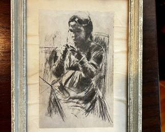 Antique lithograph Girl Knitting