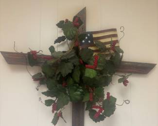 Beautiful, red white, and blue wooden Cross with Flag