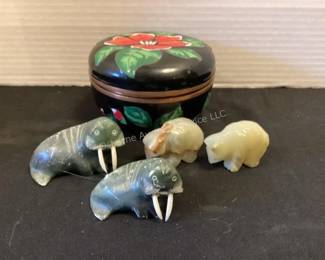 Stone animals and enameled box