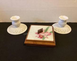 Milk glass candle holders & enameled trinket box