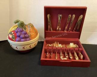 Gold tone silverware & cookie jar