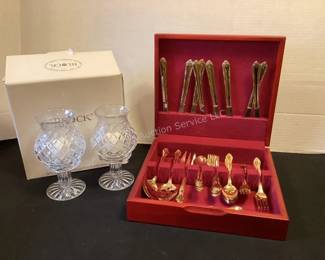 Gold plated silverware & crystal candle holders